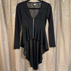 Leyva’s Black Mesh Witchy Goth Asymmetrical Hem Sheer Long Sleeve Zip Top Small